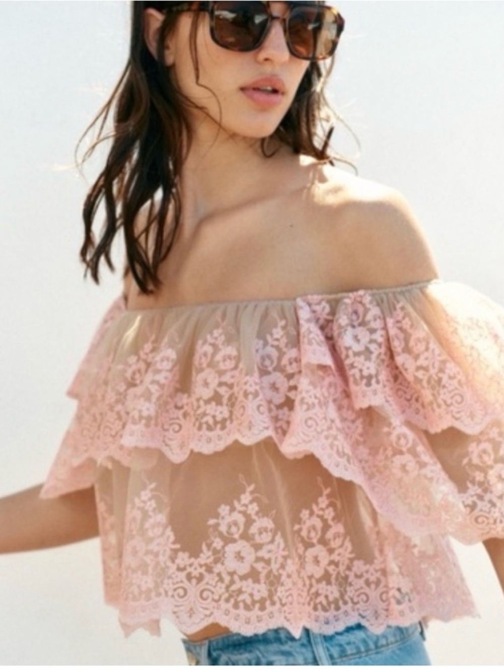 Zara Pink Lace Off-Shoulder Crop Top